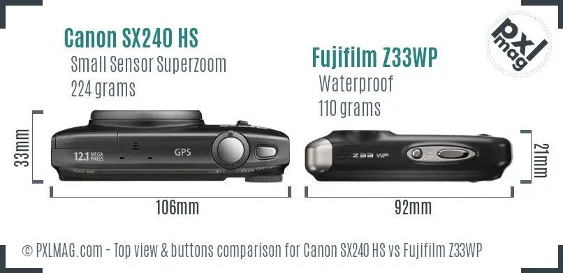 Canon SX240 HS vs Fujifilm Z33WP top view buttons comparison