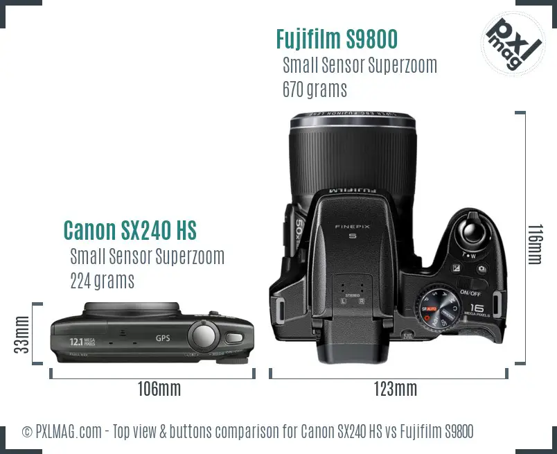 Canon SX240 HS vs Fujifilm S9800 top view buttons comparison