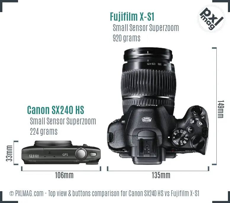 Canon SX240 HS vs Fujifilm X-S1 top view buttons comparison Canon SX240 HS vs Fujifilm X-S1 top view buttons comparison