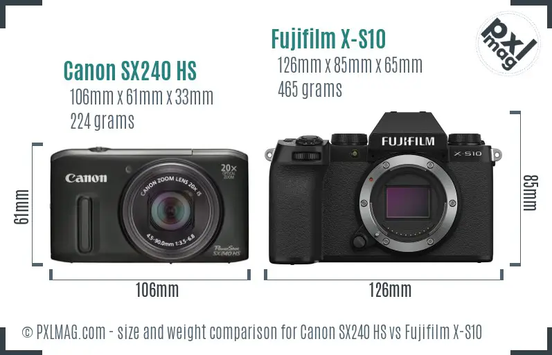 Canon SX240 HS vs Fujifilm X-S10 size comparison