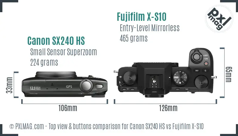 Canon SX240 HS vs Fujifilm X-S10 top view buttons comparison