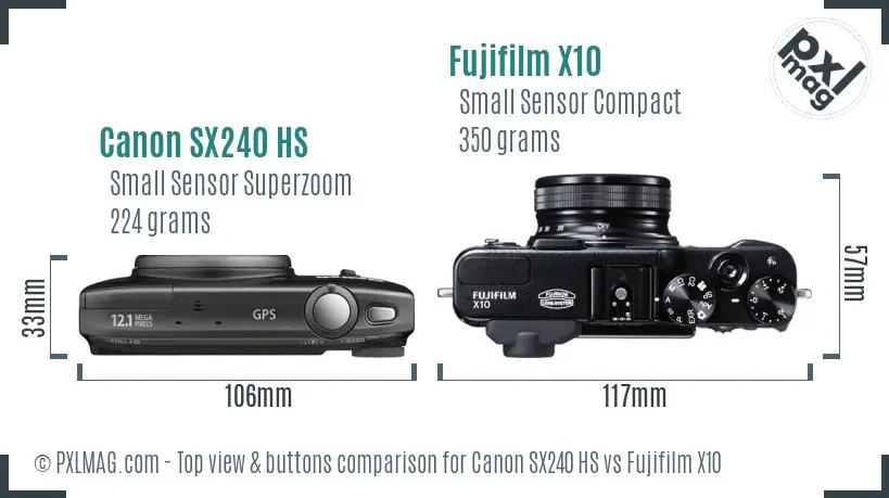 Canon SX240 HS vs Fujifilm X10 top view buttons comparison