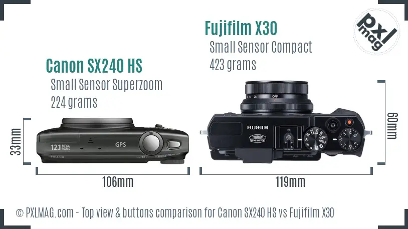 Canon SX240 HS vs Fujifilm X30 top view buttons comparison Canon SX240 HS vs Fujifilm X30 top view buttons comparison