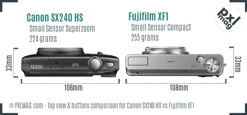 Canon SX240 HS vs Fujifilm XF1 top view buttons comparison