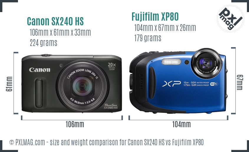 Canon SX240 HS vs Fujifilm XP80 size comparison