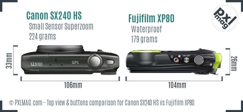 Canon SX240 HS vs Fujifilm XP80 top view buttons comparison