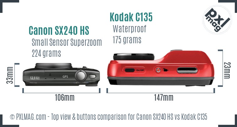 Canon SX240 HS vs Kodak C135 top view buttons comparison