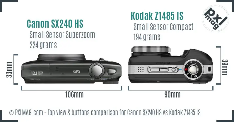 Canon SX240 HS vs Kodak Z1485 IS top view buttons comparison