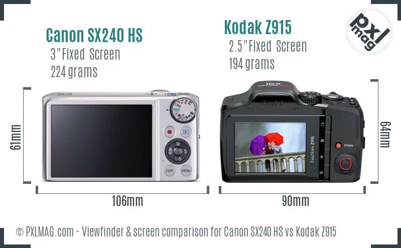 Canon SX240 HS vs Kodak Z915 Screen and Viewfinder comparison