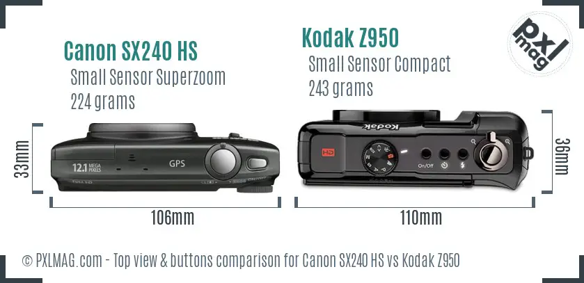 Canon SX240 HS vs Kodak Z950 top view buttons comparison Canon SX240 HS vs Kodak Z950 top view buttons comparison