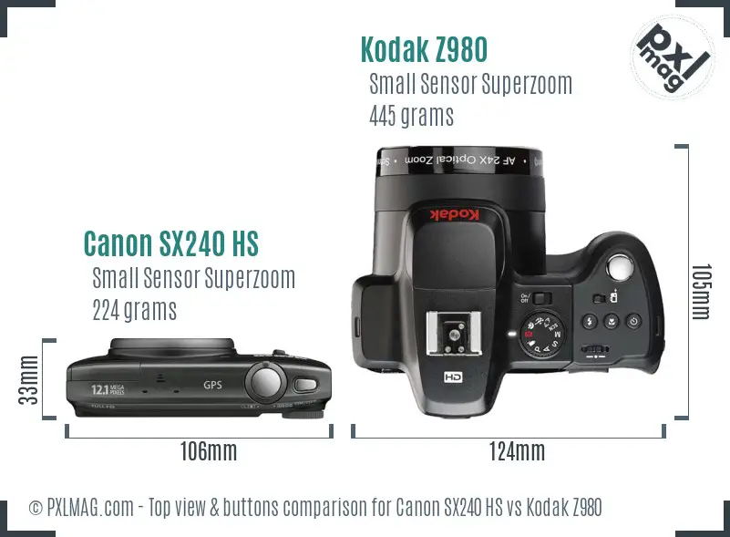 Canon SX240 HS vs Kodak Z980 top view buttons comparison