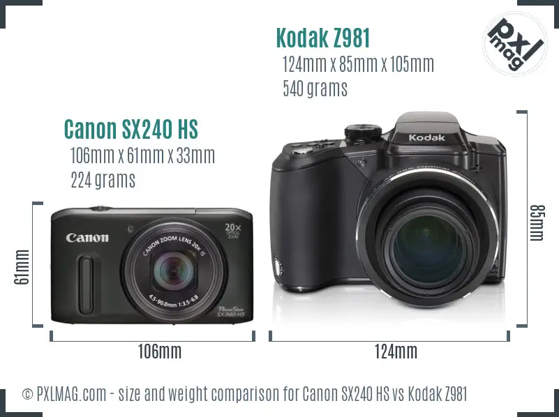 Canon SX240 HS vs Kodak Z981 size comparison