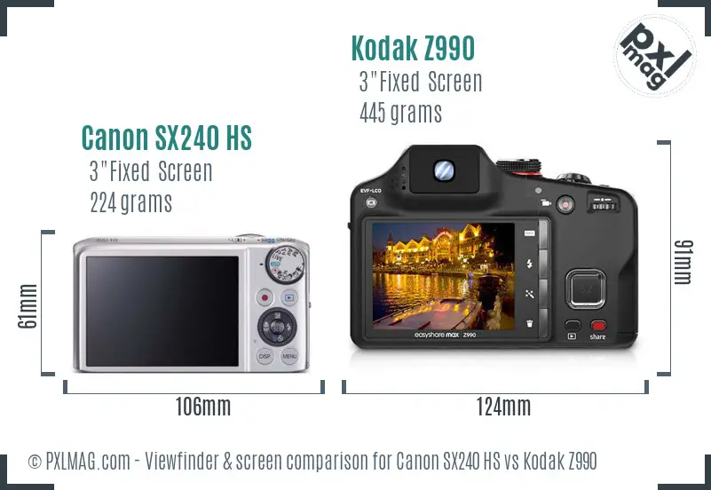 Canon SX240 HS vs Kodak Z990 Screen and Viewfinder comparison