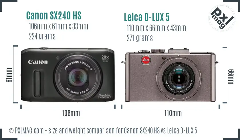 Canon SX240 HS vs Leica D-LUX 5 size comparison