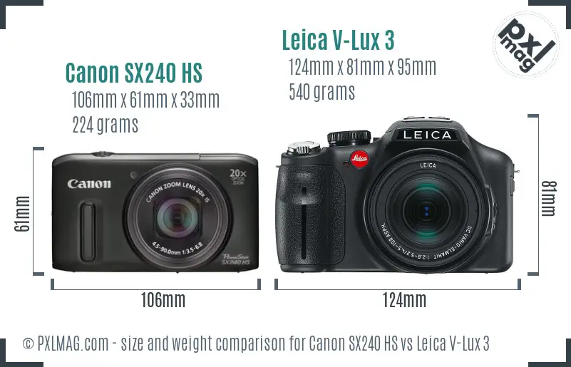 Canon SX240 HS vs Leica V-Lux 3 size comparison Canon SX240 HS vs Leica V-Lux 3 size comparison