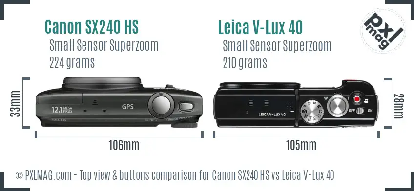 Canon SX240 HS vs Leica V-Lux 40 top view buttons comparison Canon SX240 HS vs Leica V-Lux 40 top view buttons comparison