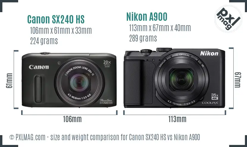 Canon SX240 HS vs Nikon A900 size comparison