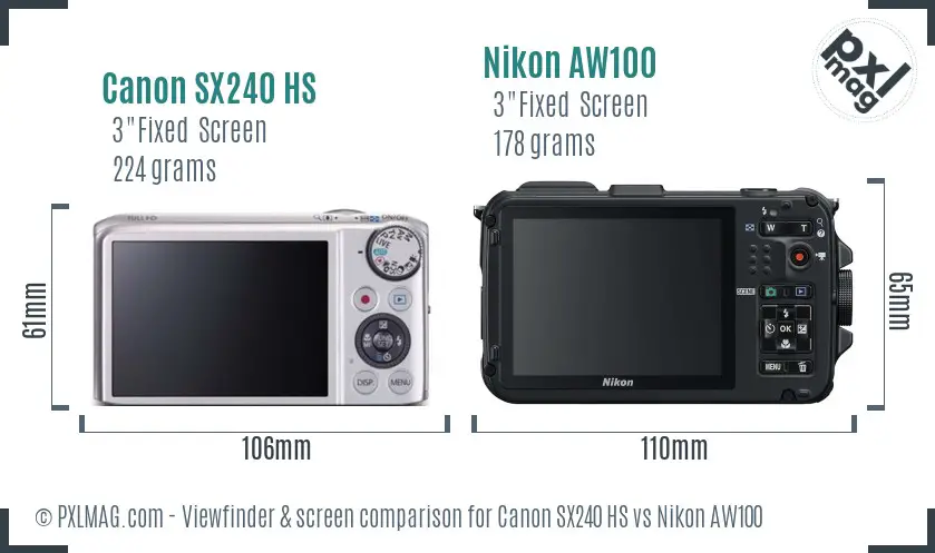 Canon SX240 HS vs Nikon AW100 Screen and Viewfinder comparison