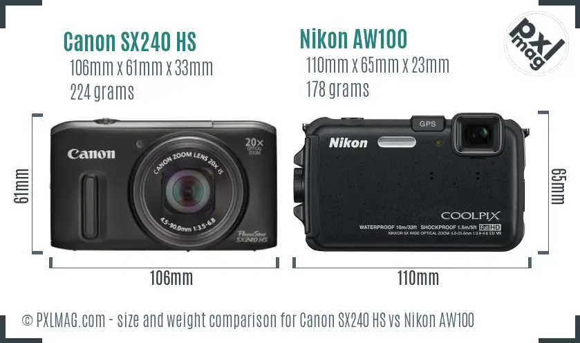 Canon SX240 HS vs Nikon AW100 size comparison