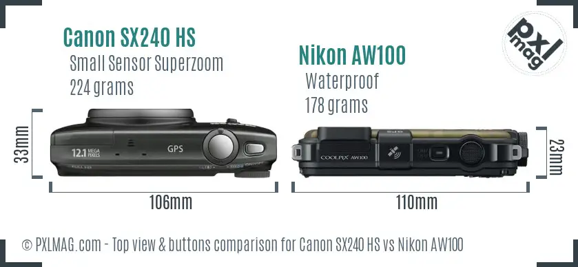 Canon SX240 HS vs Nikon AW100 top view buttons comparison