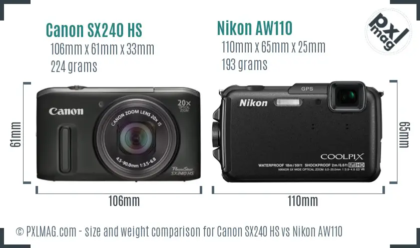 Canon SX240 HS vs Nikon AW110 size comparison