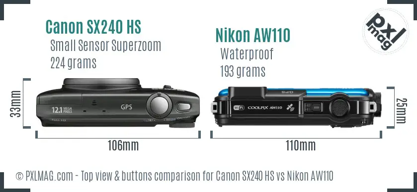 Canon SX240 HS vs Nikon AW110 top view buttons comparison