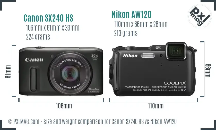 Canon SX240 HS vs Nikon AW120 size comparison
