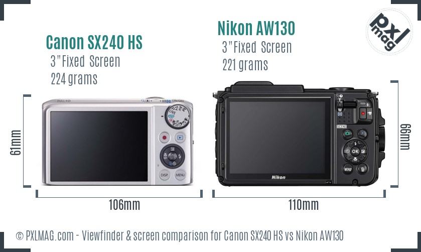 Canon SX240 HS vs Nikon AW130 Screen and Viewfinder comparison