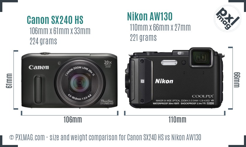 Canon SX240 HS vs Nikon AW130 size comparison