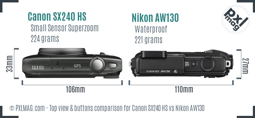 Canon SX240 HS vs Nikon AW130 top view buttons comparison