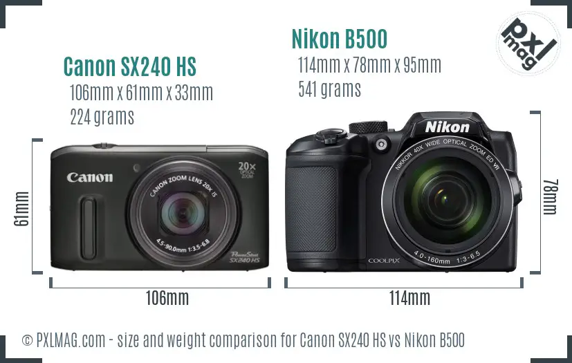 Canon SX240 HS vs Nikon B500 size comparison