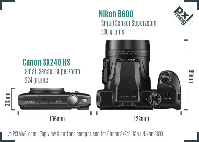 Canon SX240 HS vs Nikon B600 top view buttons comparison