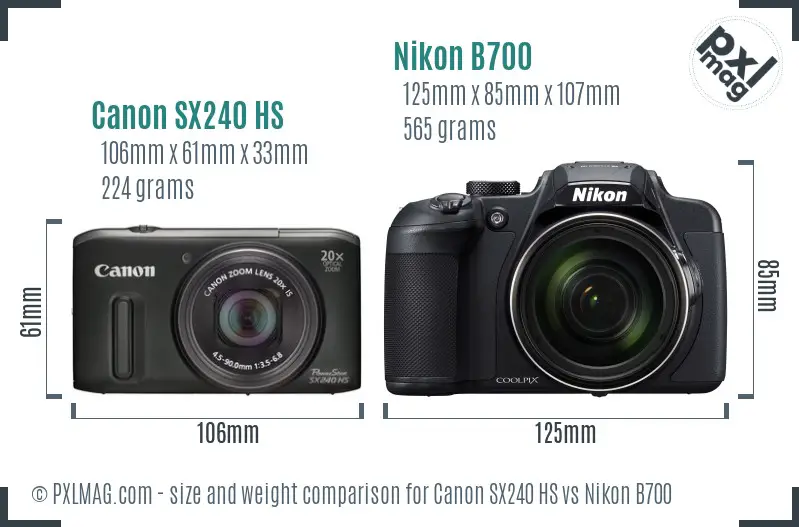 Canon SX240 HS vs Nikon B700 size comparison