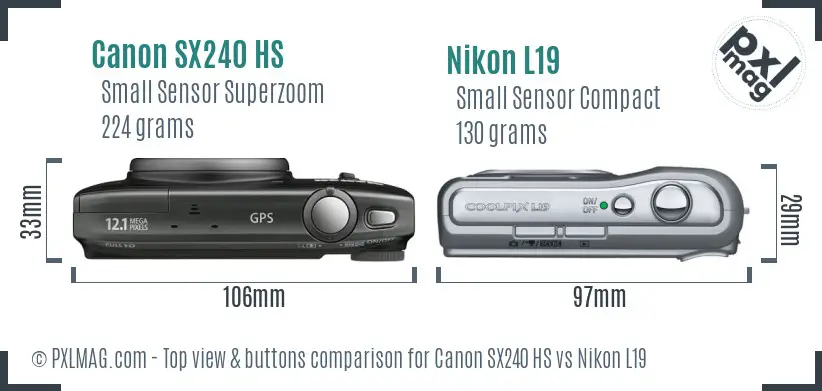 Canon SX240 HS vs Nikon L19 top view buttons comparison Canon SX240 HS vs Nikon L19 top view buttons comparison