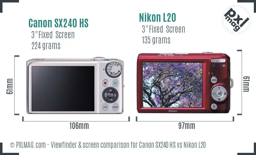 Canon SX240 HS vs Nikon L20 Screen and Viewfinder comparison