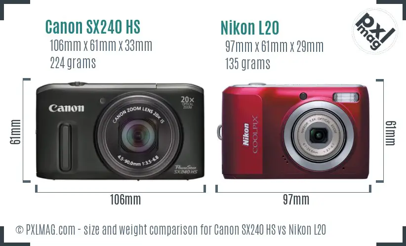 Canon SX240 HS vs Nikon L20 size comparison