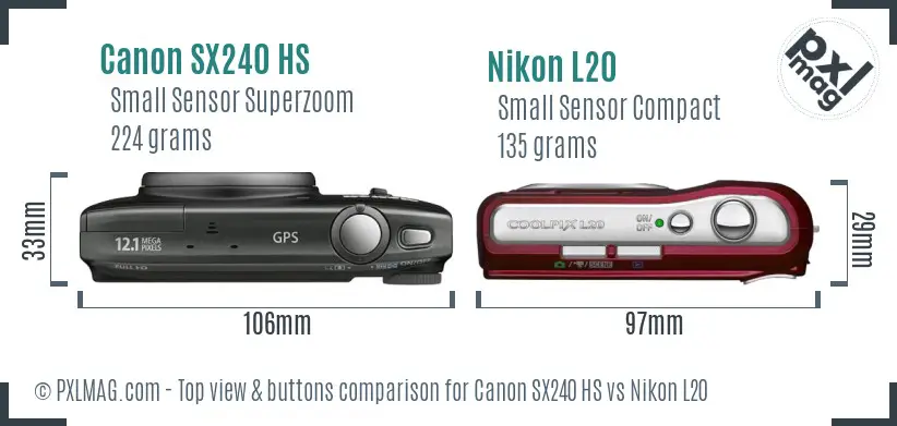 Canon SX240 HS vs Nikon L20 top view buttons comparison