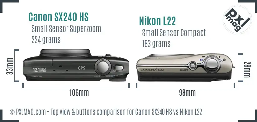Canon SX240 HS vs Nikon L22 top view buttons comparison Canon SX240 HS vs Nikon L22 top view buttons comparison