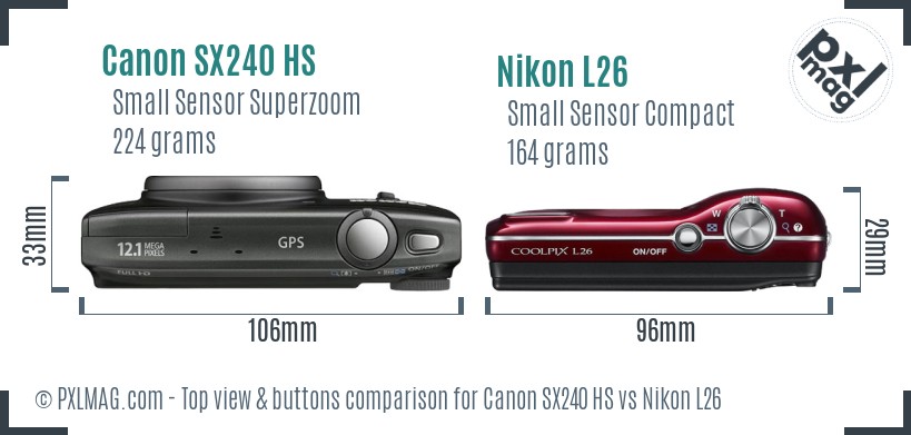 Canon SX240 HS vs Nikon L26 top view buttons comparison