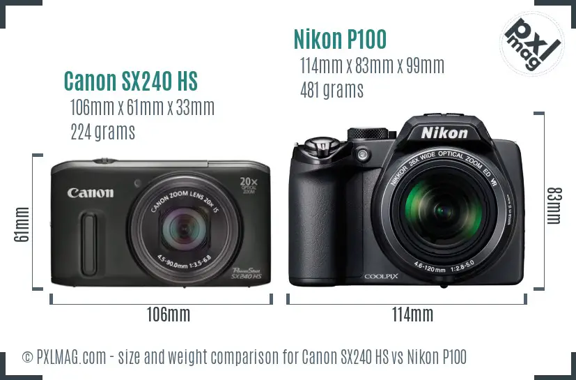 Canon SX240 HS vs Nikon P100 size comparison