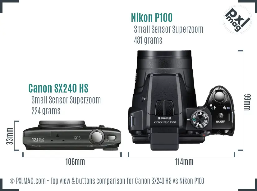 Canon SX240 HS vs Nikon P100 top view buttons comparison