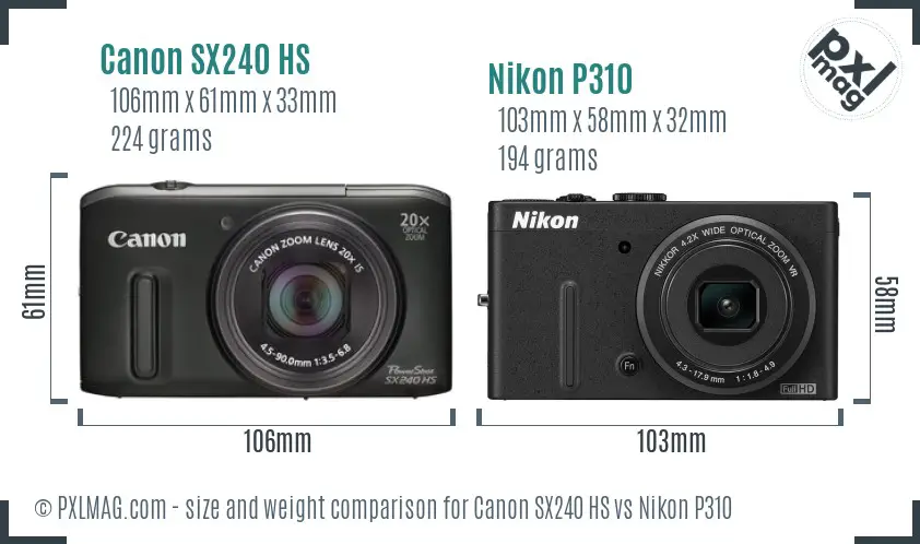 Canon SX240 HS vs Nikon P310 size comparison