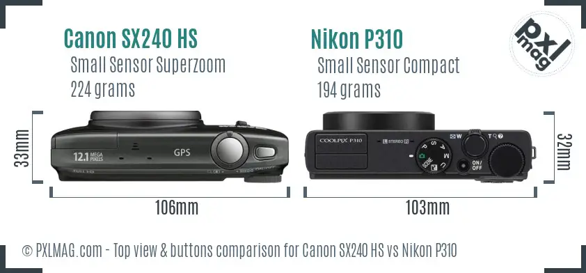 Canon SX240 HS vs Nikon P310 top view buttons comparison