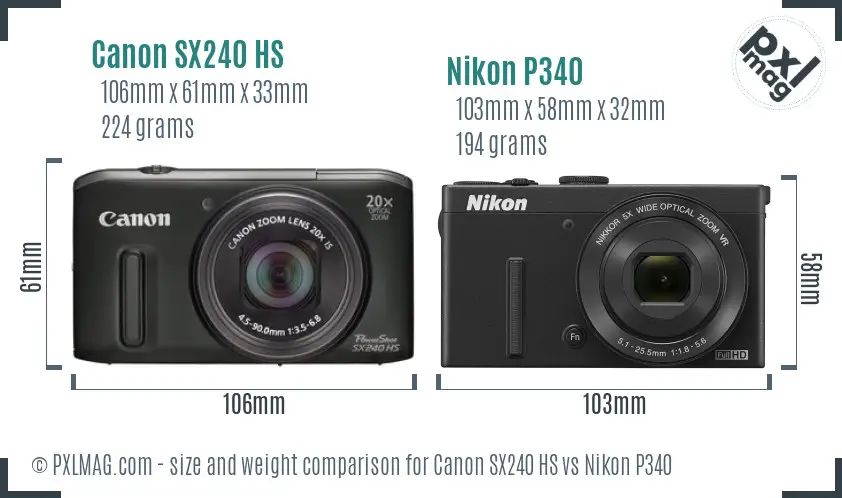 Canon SX240 HS vs Nikon P340 size comparison