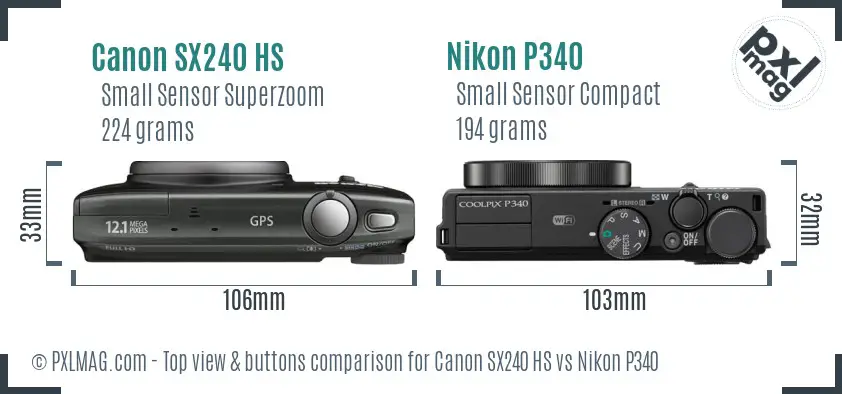 Canon SX240 HS vs Nikon P340 top view buttons comparison