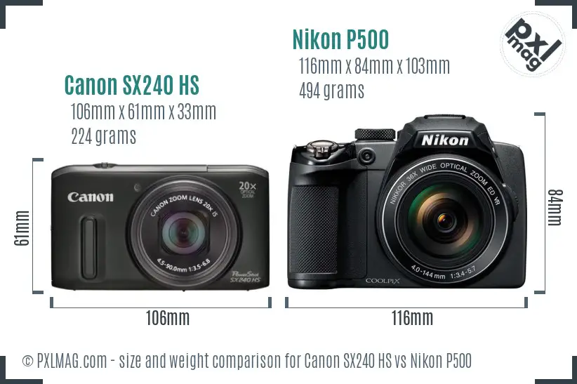 Canon SX240 HS vs Nikon P500 size comparison