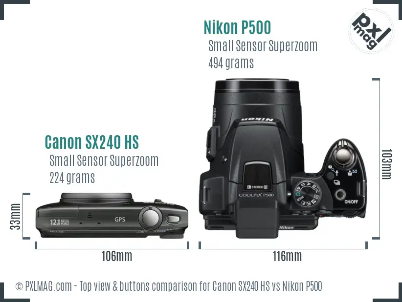 Canon SX240 HS vs Nikon P500 top view buttons comparison