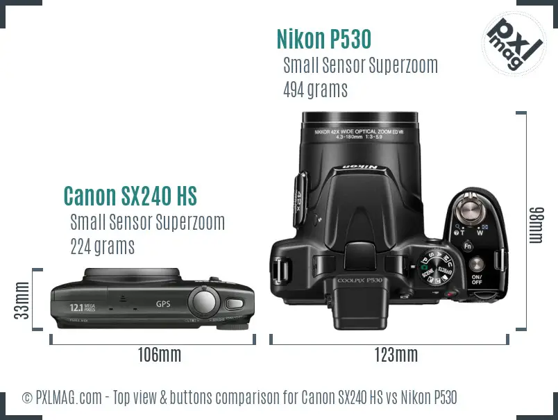 Canon SX240 HS vs Nikon P530 top view buttons comparison