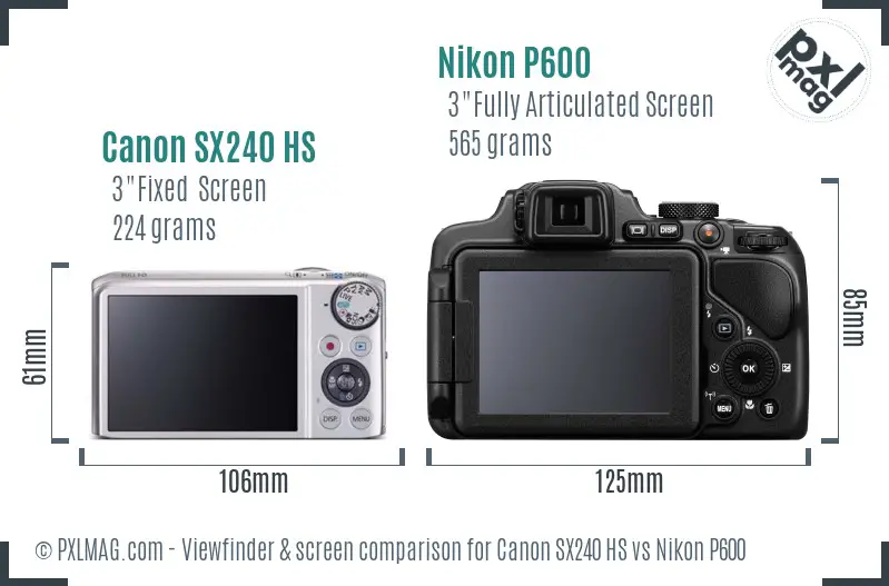 Canon SX240 HS vs Nikon P600 Screen and Viewfinder comparison