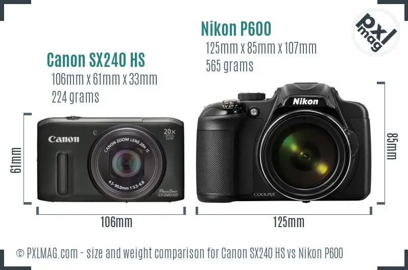 Canon SX240 HS vs Nikon P600 size comparison